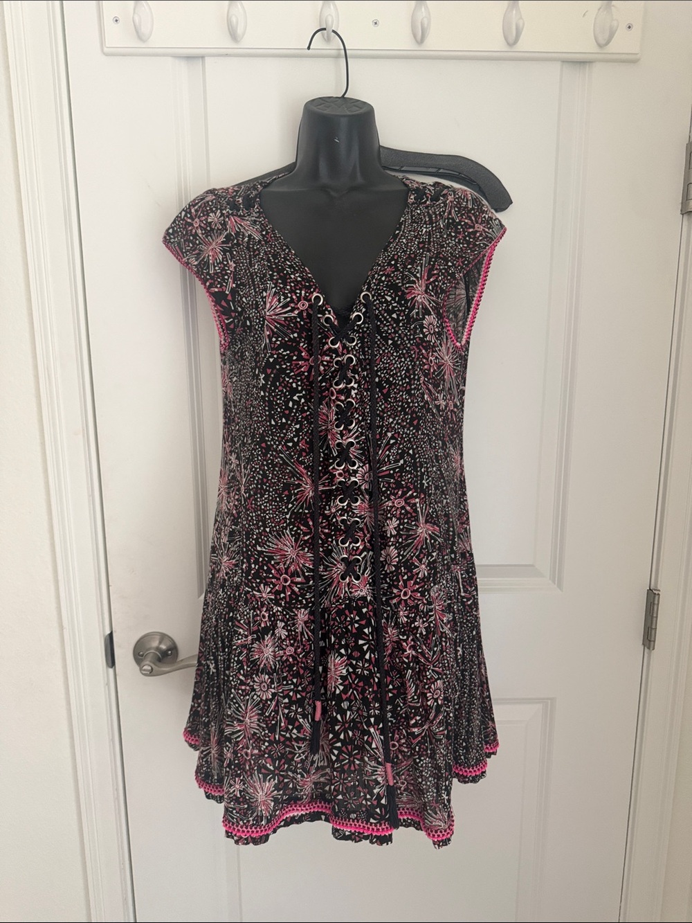 Poupette St. Barth Black & Pink Lace-Up Mini Dress